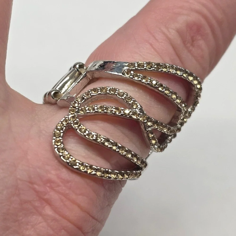 New Rhinestone Statement Ring Silver Tone Gold Stretch Band Wavy Layer Cocktail‎